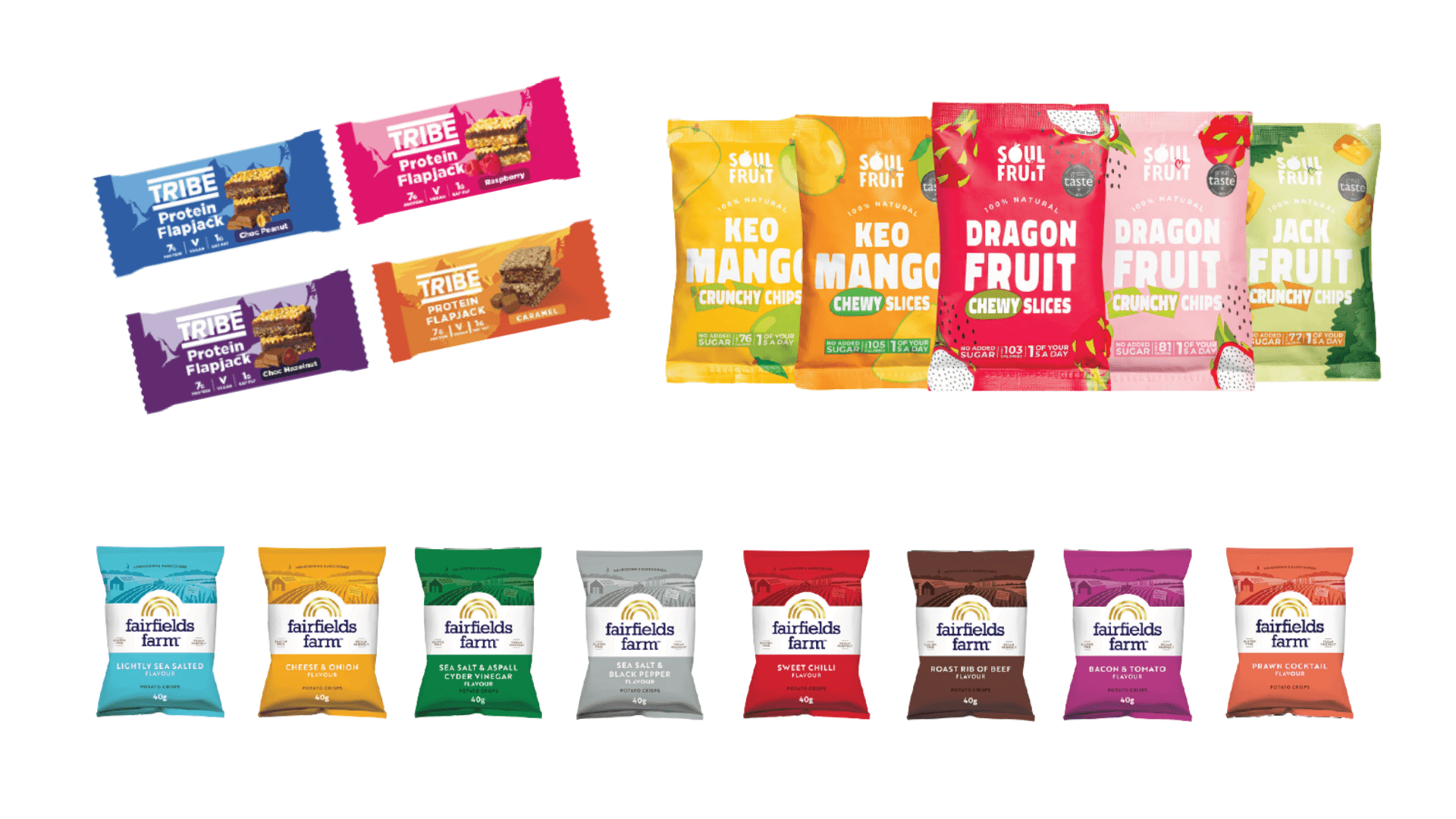 A range of vegetarian snacks including Tribe protein flapjacks, Soul Fruit and Fairfield Farms crisps.